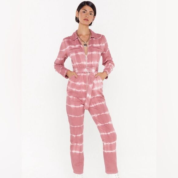 Nasty Gal Good Vibes Only Denim Tie Dye Boilersuit Sz 4 - Picture 1 of 9